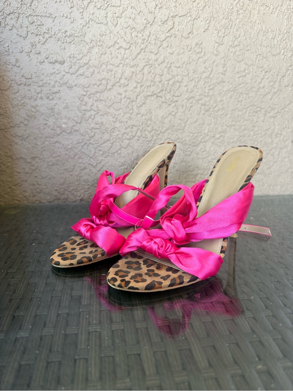 Pretty little thing Hot Pink Satin Knot Mule with Leopard Print Sole